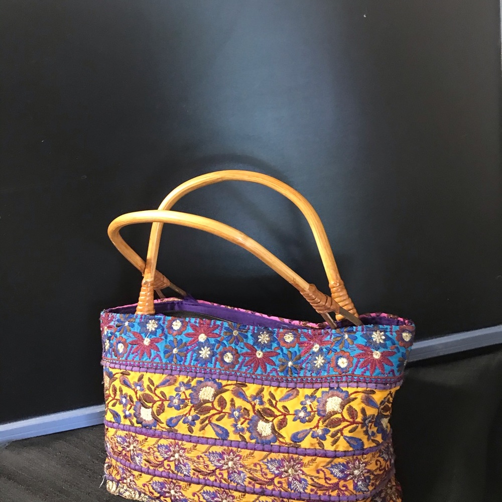 Vintage Embroidered Multicolored Floral and Mirrored Handbag with Bamboo Handles
